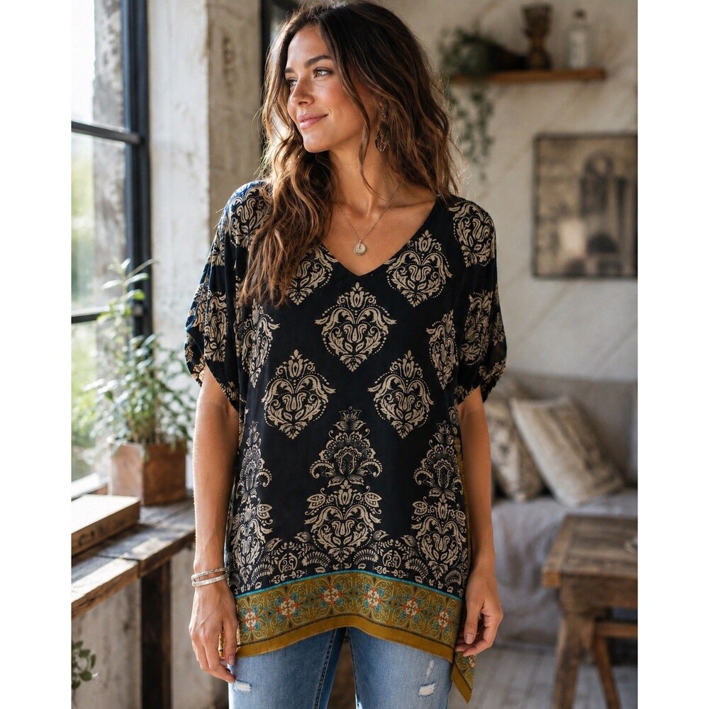 Love Kyla Boho Tunic Top Black Viscose Print Handkerchief Hem Fairy Large